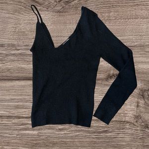 Twine & String One Shoulder Ribbed Long Sleeve Black Large